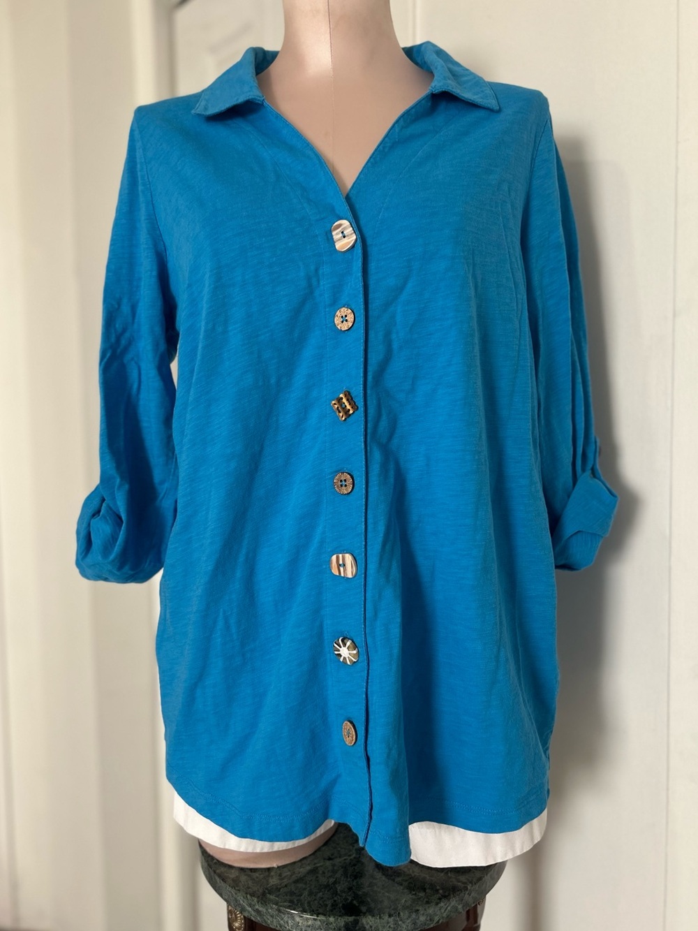 Soft Surroundings Teal Button-Front Collared Tunic
